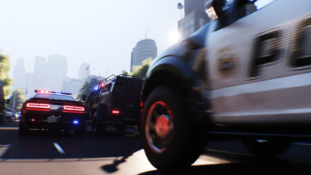 An swat police driving fast on a city street. 3d rendering.