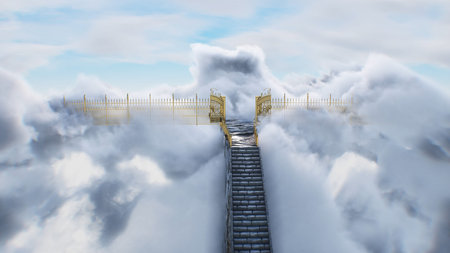 stairway to heaven. paradise, eden gates. Religious concept. 3d rendering.の写真素材