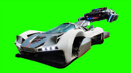 Futuristic cyber police flying car. realistic dynamic reflections on the car body. green screen isolate. 3d rendering.の写真素材