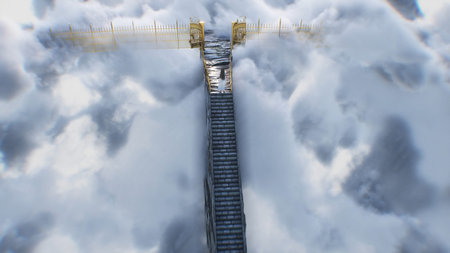stairway to heaven. A woman stands in front of a paradise, eden gates. Religious concept. 3d rendering.の写真素材