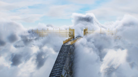 stairway to heaven. paradise, eden gates. Religious concept. 3d rendering.の写真素材