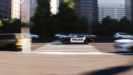 A police car driving fast on a city street. 3d rendering.