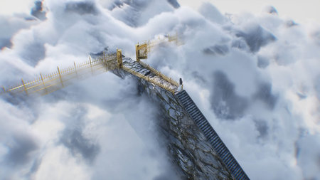 stairway to heaven. A woman stands in front of a paradise, eden gates. Religious concept. 3d rendering.の写真素材