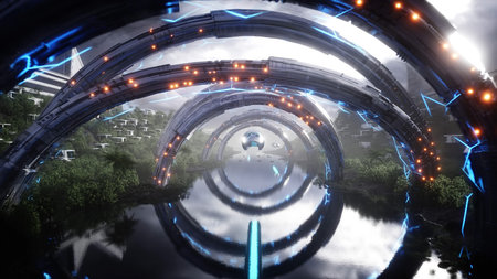 Futuristic city. Flying passenger train. Futuristic architecture. People and robots. 3d rendering.