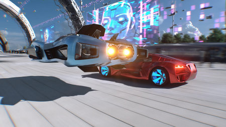 Futuristic red sport car and flying car driving fast, overtaking each other on a futuristic city. 3d...