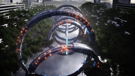 Futuristic city. Flying passenger train. Futuristic architecture. People and robots. 3d rendering.