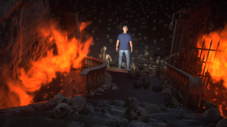A man stands in front of hell gates. Hell fire. Religious concept. 3d rendering.
