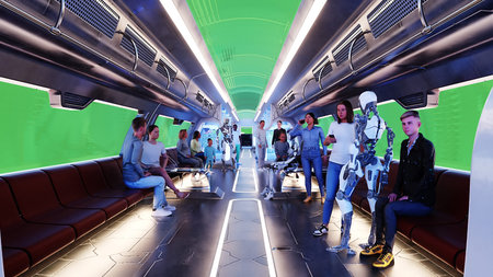 Flying passenger train. Interior. People and robots. Green screen isolate. 3d rendering.