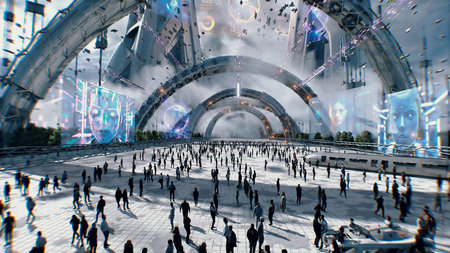 Futuristic city. Sci fi architecture and buildings. Future concept. Flying cars in air. Crowd of...