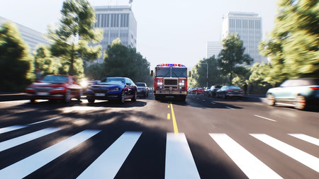 An fire engine, fire rescue driving fast on a city street.3d rendering.