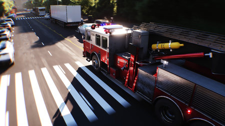 An fire engine, fire rescue driving fast on a city street.3d rendering.