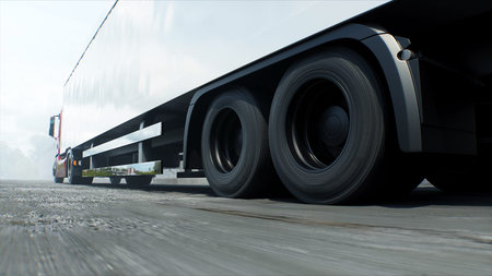 Red cargo truck on construction. driving. Building and transport logistic concept. 3d rendering.