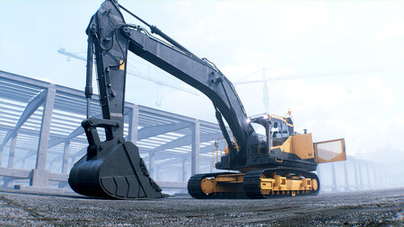 Excavator with big shovel on construction site. Daylight. 3d rendering.