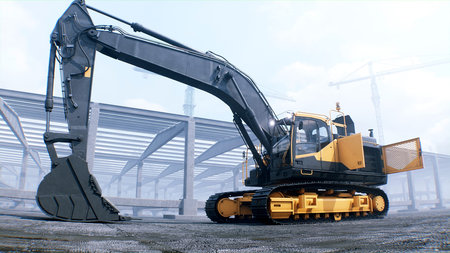 Excavator with big shovel on construction site. Daylight. 3d rendering.