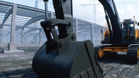 Excavator with big shovel on construction site. Daylight. 3d rendering.