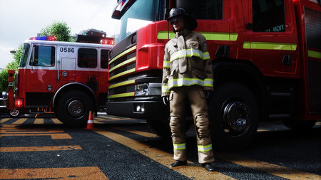 fire fighter and fire truck near the fire station. Fire department. 3d rendering.