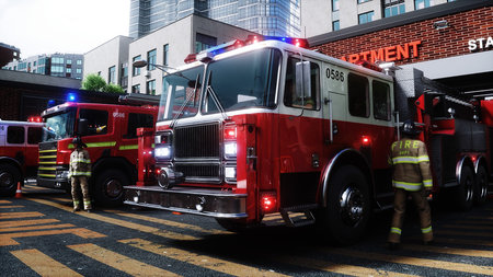 fire truck near the fire station. Fire department. 3d rendering.