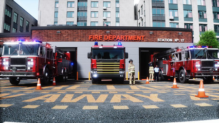 fire fighter and fire truck near the fire station. Fire department. 3d rendering.