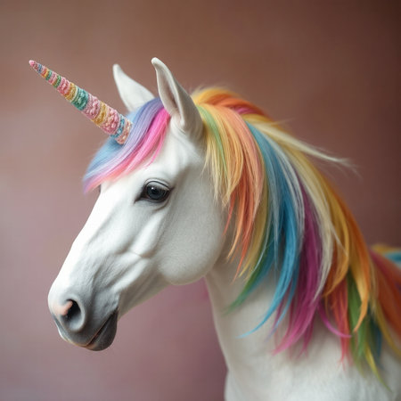 Unicorn with rainbow mane. Portrait of a unicorn on a brown backgroundの写真素材