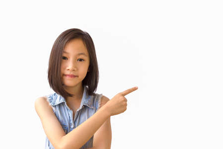 Asian girl on white background,pointerの写真素材