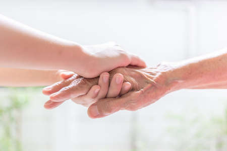 Close up of young woman hand holding with tenderness an elderly senior person hands,people,age,family,care and support conceptの写真素材