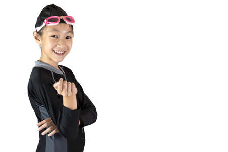 Asian girl wearing swimsuit isolated on white background,swim and sport conceptの写真素材