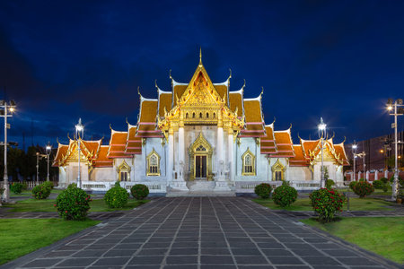 Night view,twilight at Wat Benchamabophit or Marble Temple is a Buddhist temple in the city of Bangkok,Thailandの写真素材