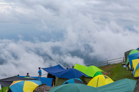 Phetchabun,Thailand-January 2,2019:Visitors come to relax,spread out their tents,see the sea of mist,feel the cold weather on a long holiday in Phu Thap Boek(Phu Hin Rong Kla national park)のeditorial素材