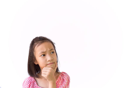 Asian girl isolated on white background,analytical thinking searching, closeup portrait of cute...