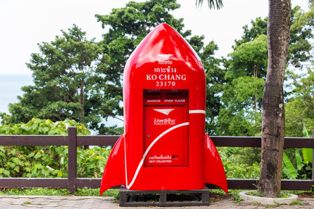 Trat,Thailand-April 2,2019:Beautiful red postbox,modern rocket shape,located at the view point in...