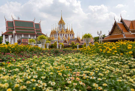 Loha Prasat Matal Palace,public outdoor flower garden in Wat Ratchanaddaram Worawihan temple is one of the best known landmarks in Bangkok,Thailandの写真素材