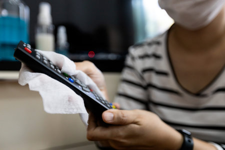 Woman using alcohol wet cloth,wipes the remote control of TV with disinfecting cloth,cleaning the...
