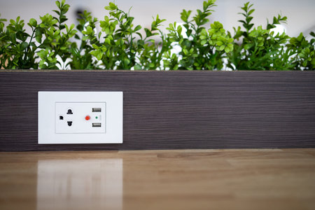 Electric power outlet socket with built in USB chargers on the table between seats for charging...