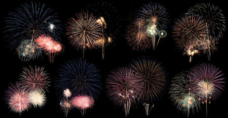 Beautiful colorful of different fireworks on black background at festival to celebrate,abstract pattern design of set fireworks for display,season of festivity,highlight of national event celebrationの写真素材