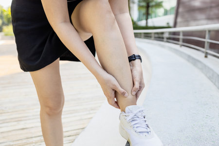 Ankle injury,feeling pain,problems of Anterior Ankle Impingement or Tibialis Anterior Tendon,painful in the joint connecting foot with the leg,woman with ankle sprain,twist of the ligaments of a jointの写真素材