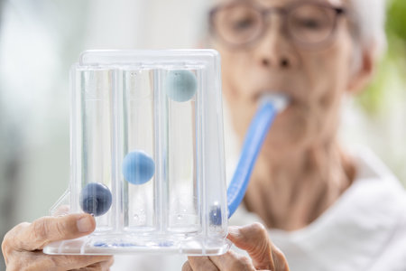 Asian senior woman using incentive spirometer,tool to help the lung expansion,exercise the lung,old elderly with chronic obstructive pulmonary disease,problem of respiratory system,health care,medicalの写真素材
