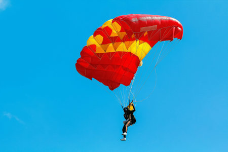 Skydiver and colorful parachute on blue sky background.