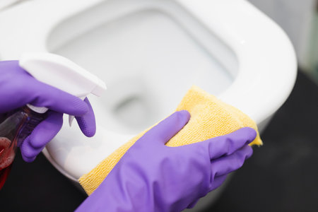 Cleaning the toilet bowl with a rag and spray detergent.の写真素材