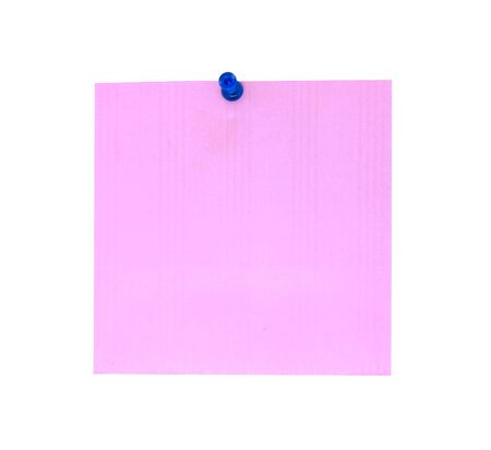 A blue push pin with blank purple notepaper. Purple sheet for your message or adding more text. Memo note with push pinの写真素材