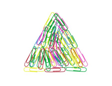 Multicolored paper clips in the form of a triangle on white background. Decorative paper clips in pink, yellow, green, red and blue colorsの写真素材