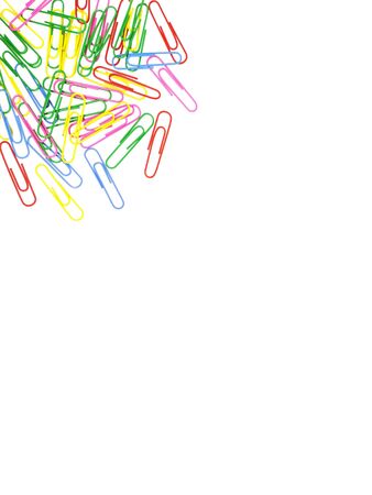 Decorative paper clips in pink, yellow, green, red and blue colors. Multicolored paper clips with space for textの写真素材