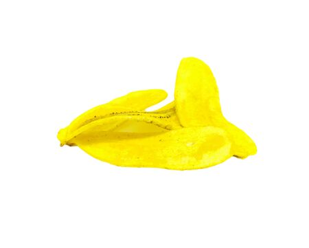 Banana chips on white background. Tasty fried banana slicesの写真素材