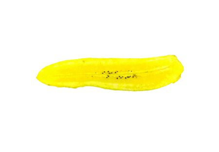 Single banana chip on white background. Tasty fried banana slicesの写真素材