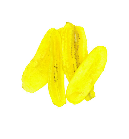 Banana chips on white background. Tasty fried banana slicesの写真素材