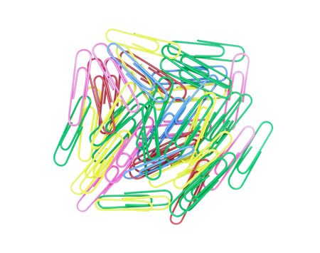 Series of colorful paper clips isolated on a white background. Decorative paper clips in pink, red, green, red and blue colorsの写真素材