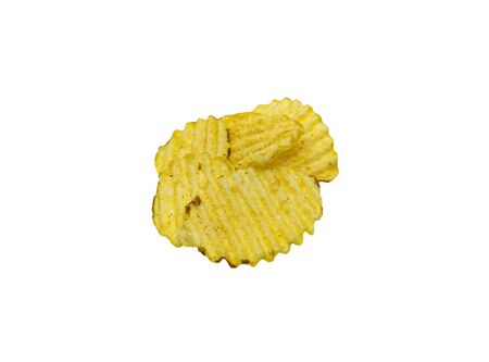 Crispy potato chips isolated on white background. Tasty fried potato slices in closeupの写真素材