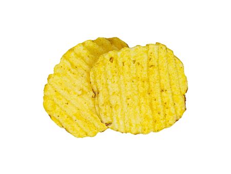 Two crispy potato chips isolated on white background. Tasty fried potato slices in closeupの写真素材