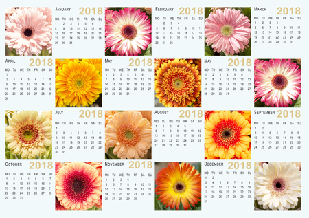 Calendar for 2018 with photos of gerbera flowers. European standard week starts on Mondayの写真素材