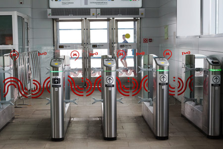 Russia, Moscow,  24.07.2019: The turnstiles at the station MCC. Device to pay for the entrance to...