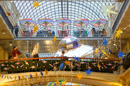 MOSCOW, RUSSIA - December 04 2019: Christmas decorations  in GUM - shopping mall in the center of city.のeditorial素材